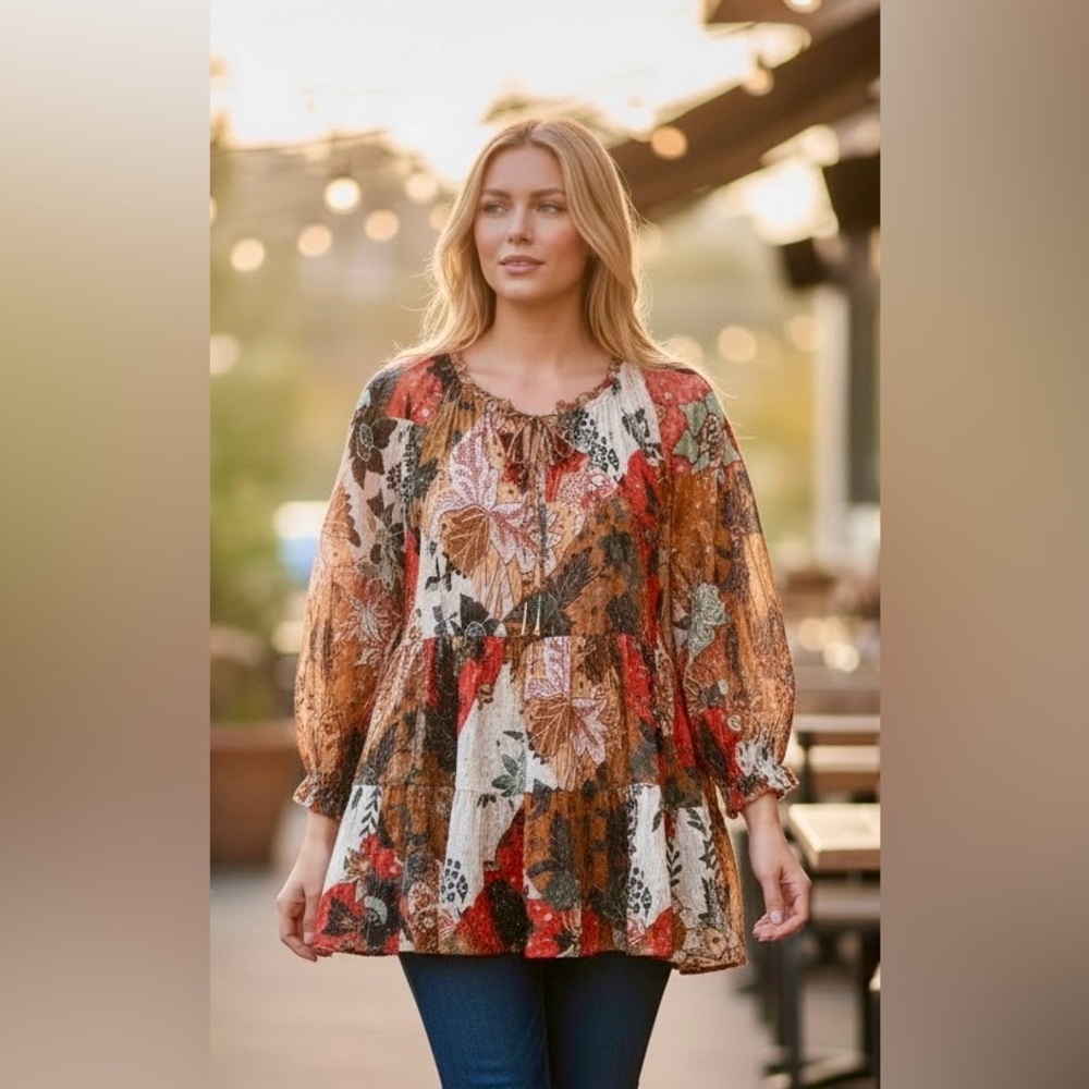 JOHNNY WAS Claire silk blend colorful tiered top, Medium